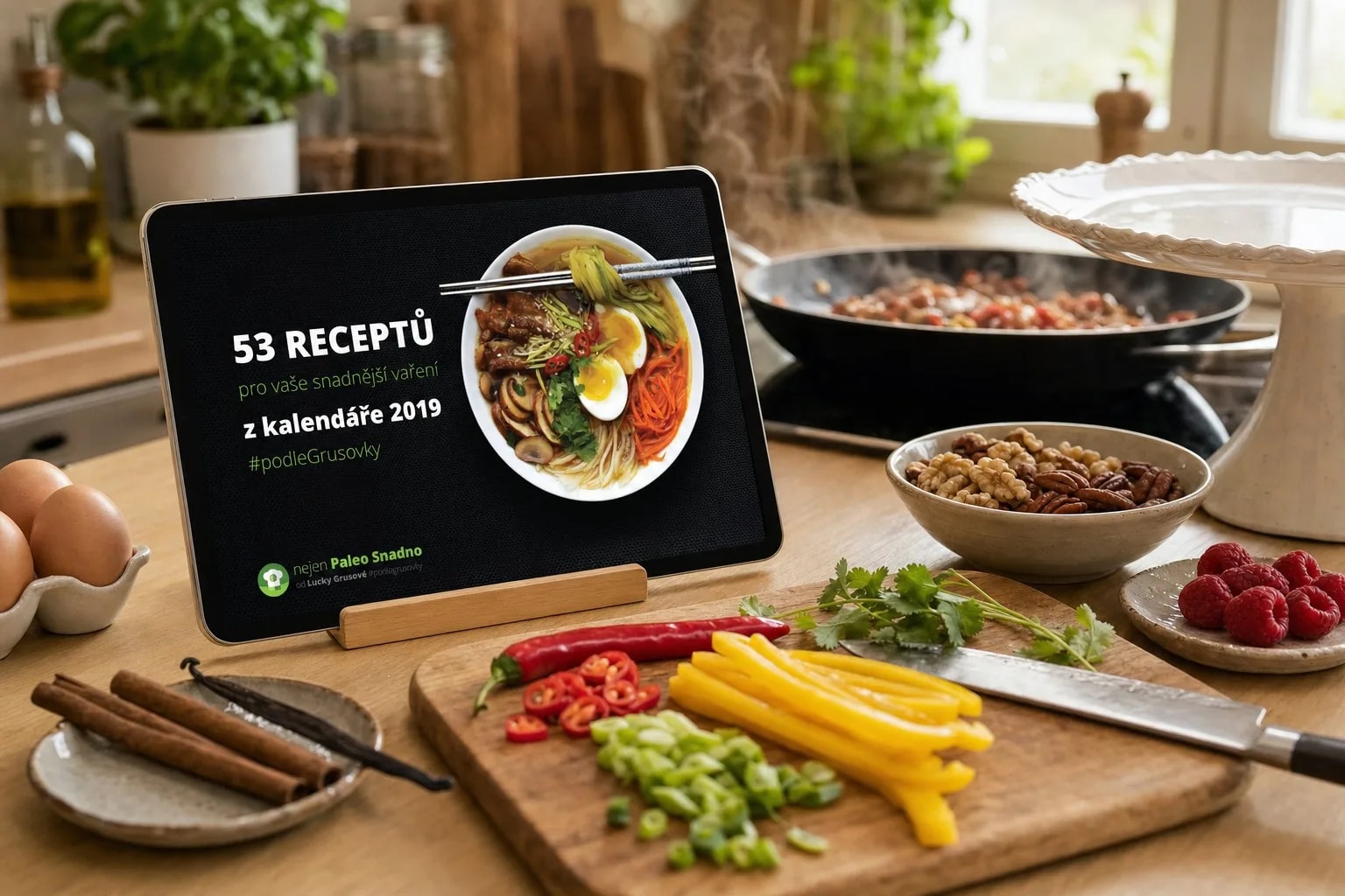 E-kniha 53 receptů z kalendáře 2019 otevřená na tabletu v dřevěném stojánku na kuchyňské lince, před ním prkénko s nakrájenou chilli papričkou, žlutou paprikou a jarní cibulkou, vedle miska ořechů a pánev na sporáku