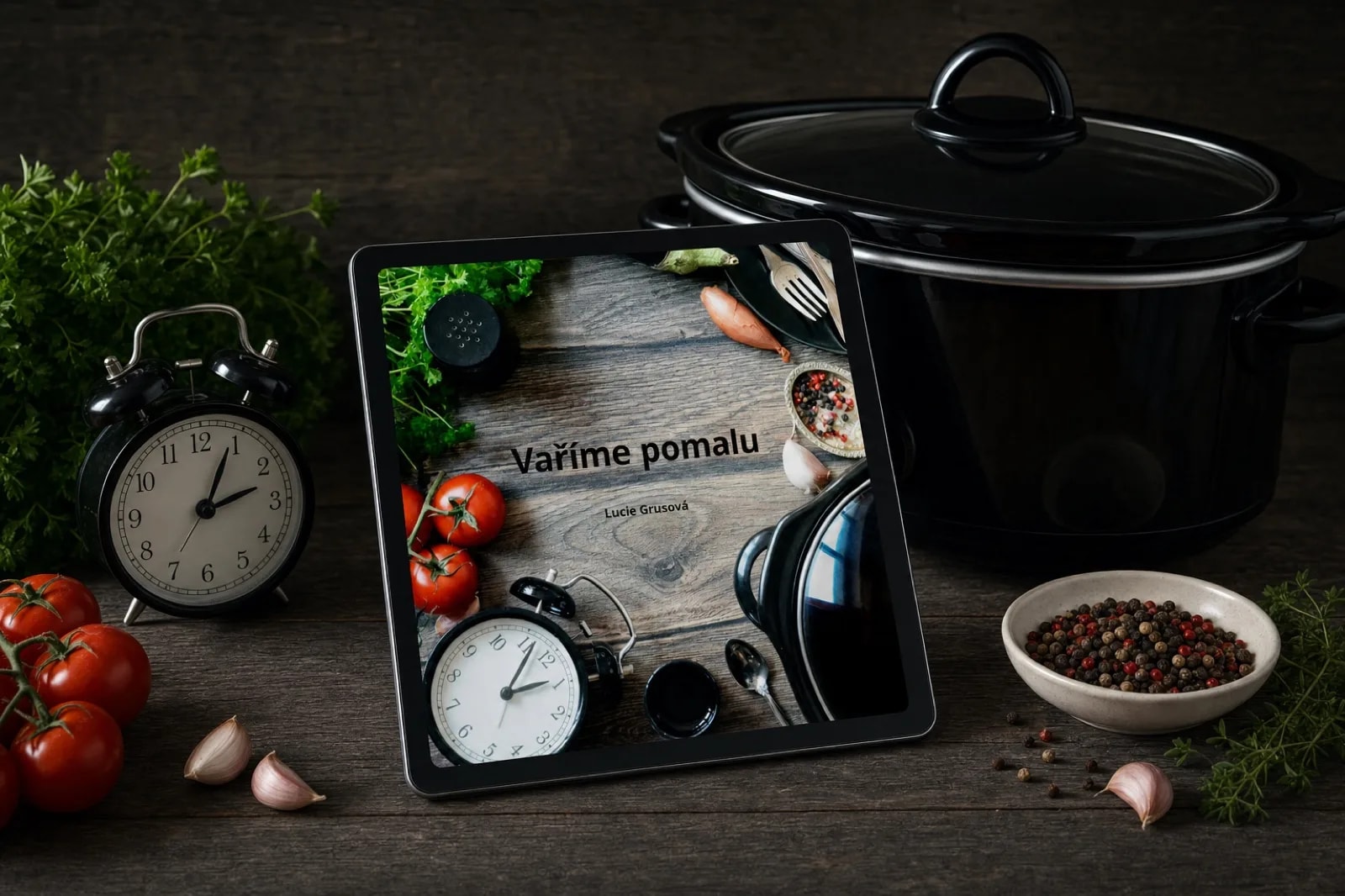 Kuchařka Vaříme pomalu na tabletu opřeném o černý pomalý hrnec, vedle budík se dvěma zvonky, tmavé studio