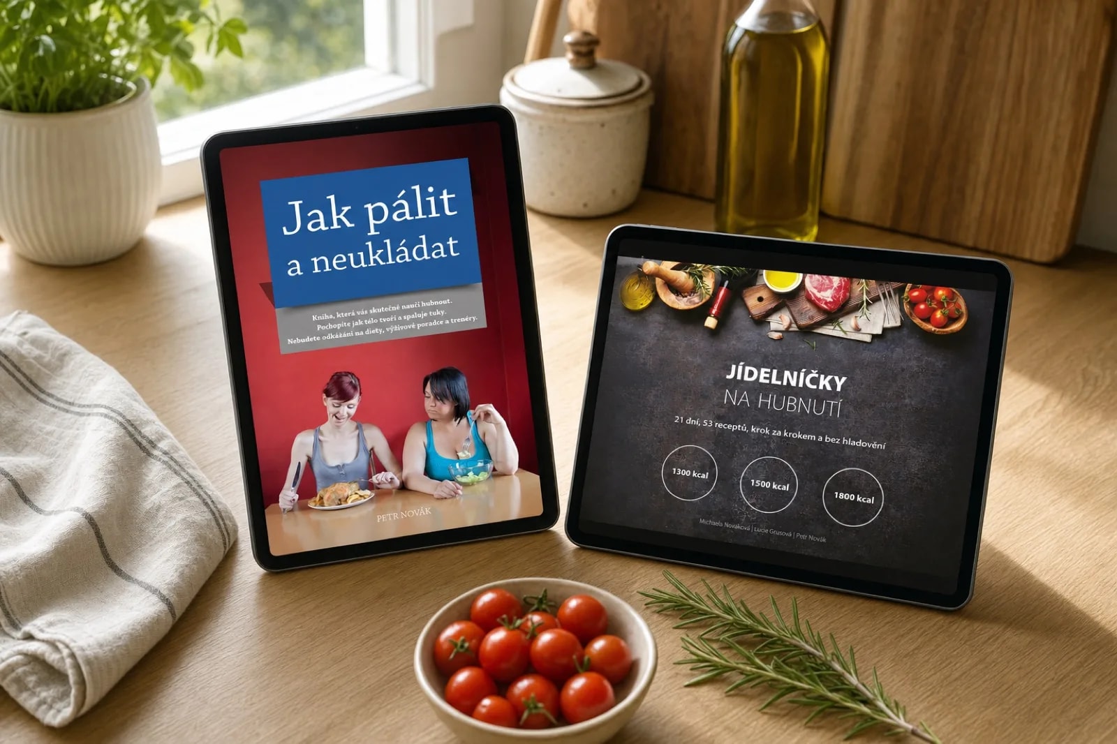 Tablety s knihami Jak pálit a neukládat a Jídelníčky na hubnutí na světlém kuchyňském stole