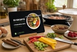 E-kniha 53 receptů z kalendáře 2019 otevřená na tabletu v dřevěném stojánku na kuchyňské lince, před ním prkénko s nakrájenou chilli papričkou, žlutou paprikou a jarní cibulkou, vedle miska ořechů a pánev na sporáku