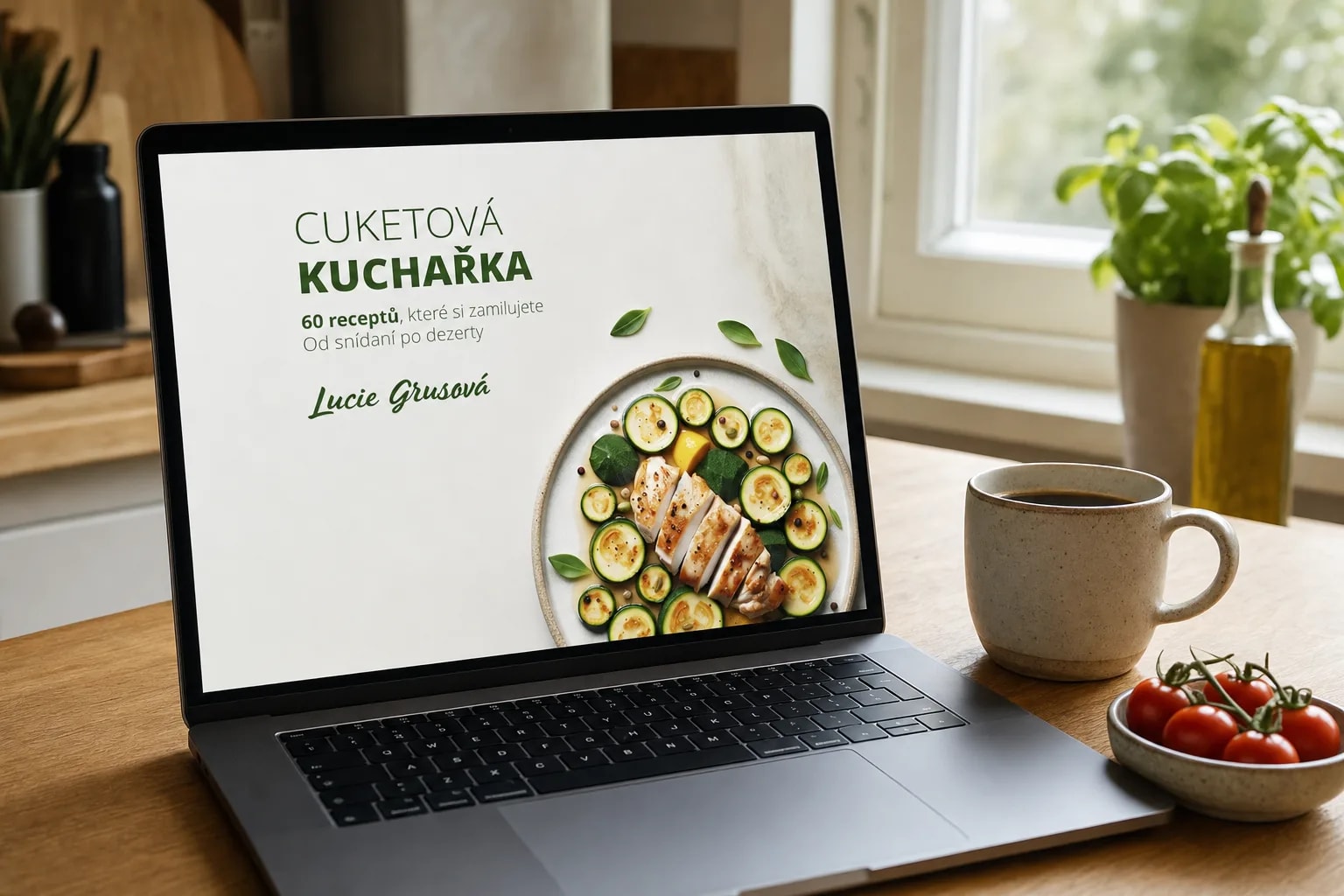 Cuketová kuchařka otevřená na notebooku