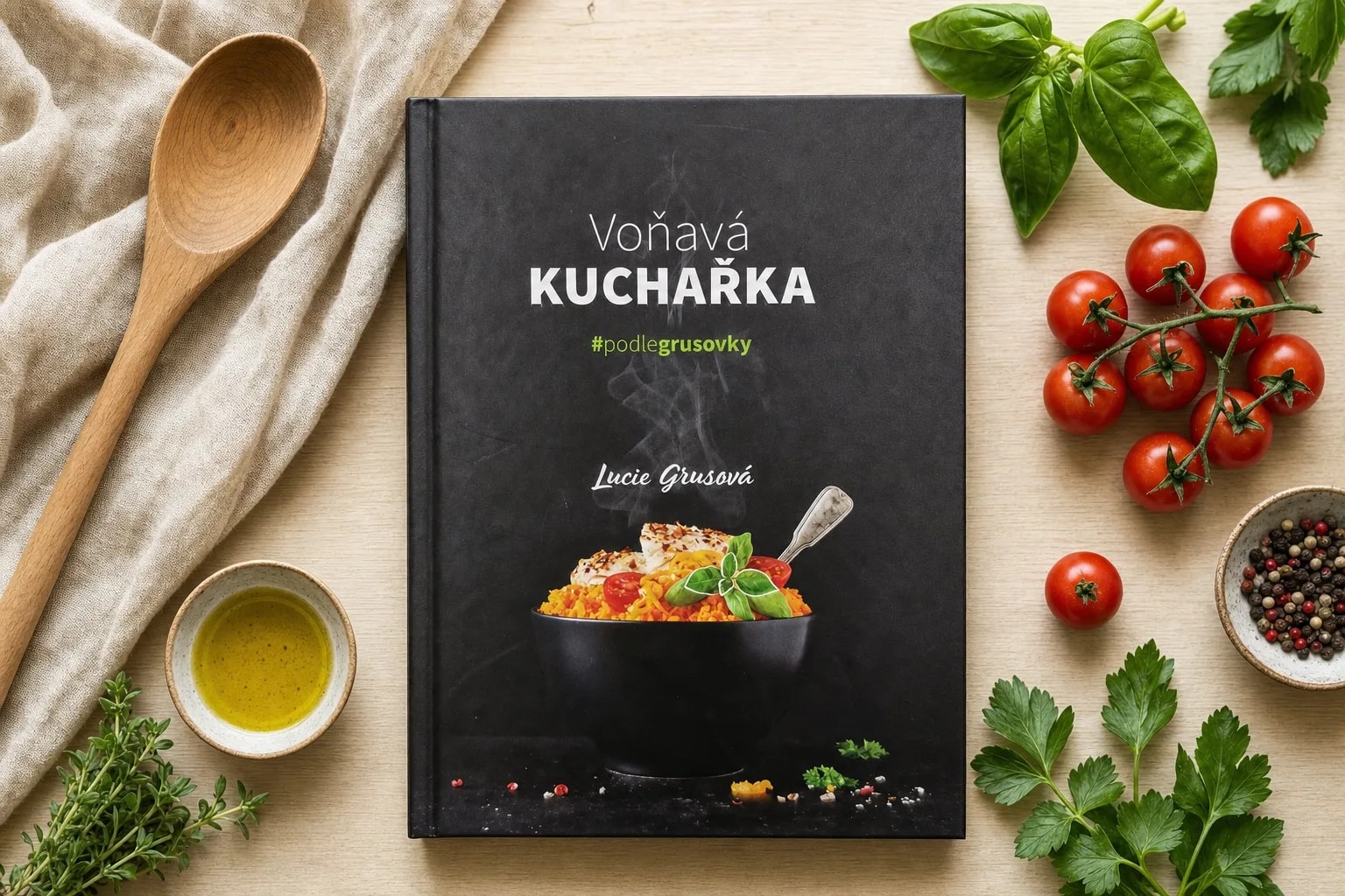 Tištěná Voňavá kuchařka nafocená shora mezi surovinami