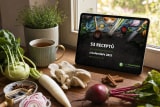 E-kniha 53 receptů z kalendáře 2021 na tabletu na dřevěném parapetu u okna, vedle hrnek čaje, kedlubna, hlíva ústřičná, bílá ředkev, červená řepa, badyán a skořice
