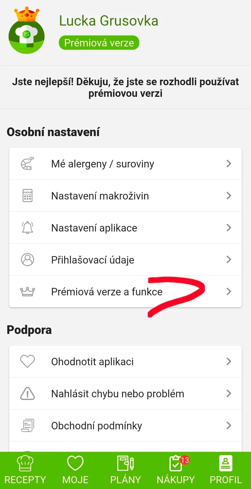 1. krok: Profil a „Prémiová verze a funkce“