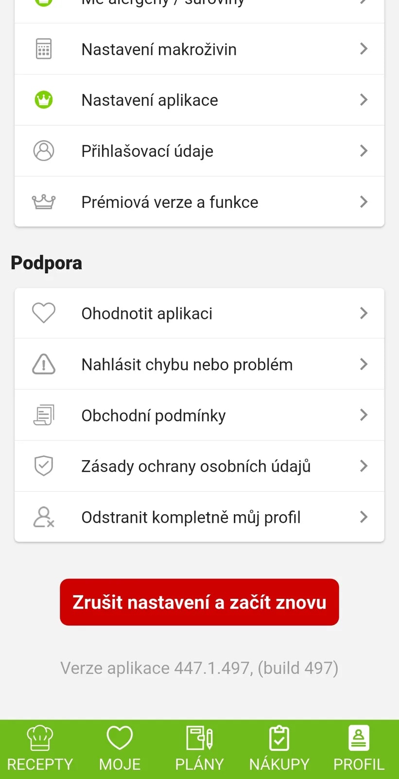 1. krok: Profil a „Zrušit nastavení a začít znovu“