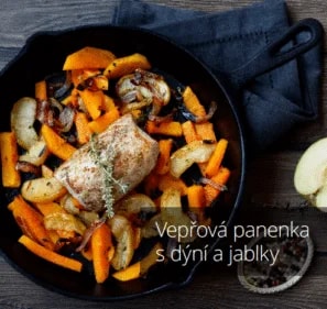 Vepřová panenka s pečenou dýní a jablky na litinové pánvi