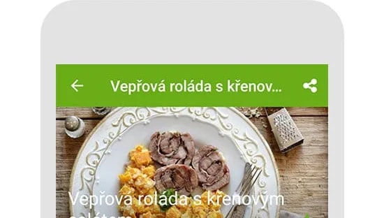 Obrazovka mobilní aplikace PaleoSnadno s receptem na vepřovou roládu