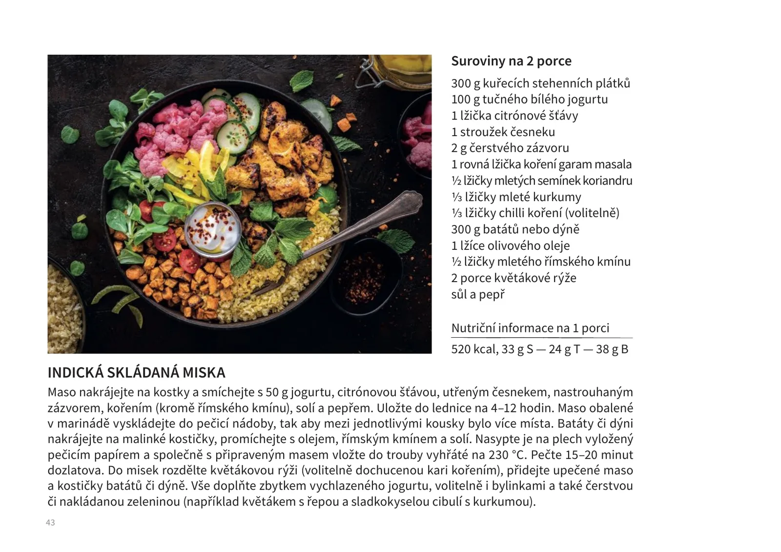 Ukázka stránky z e-knihy 53 receptů 2024: recept Indická skládaná miska, na fotografii marinované kuře, batáty, nakládaný květák, okurka a kelímek jogurtu