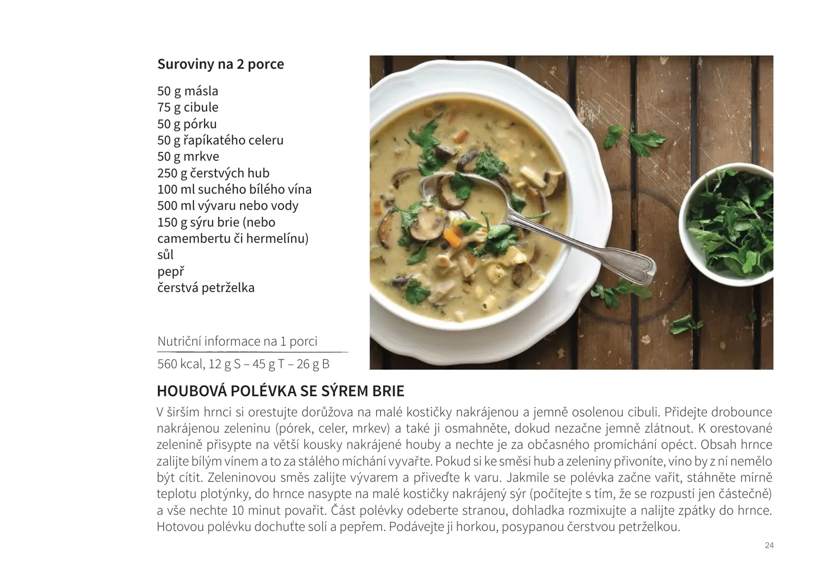 Ukázka stránky z e-knihy 53 receptů 2019: recept Houbová polévka se sýrem brie, na fotografii bílý hluboký talíř krémové polévky s plátky hub a petrželkou