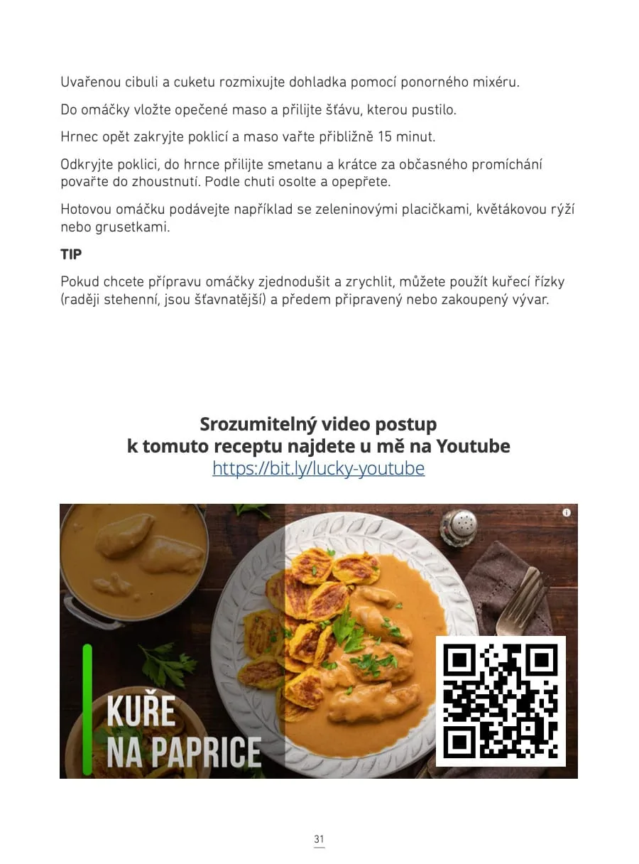 Ukázka postupu receptu s odkazem na video Kuře na paprice z low carb e-kuchařky