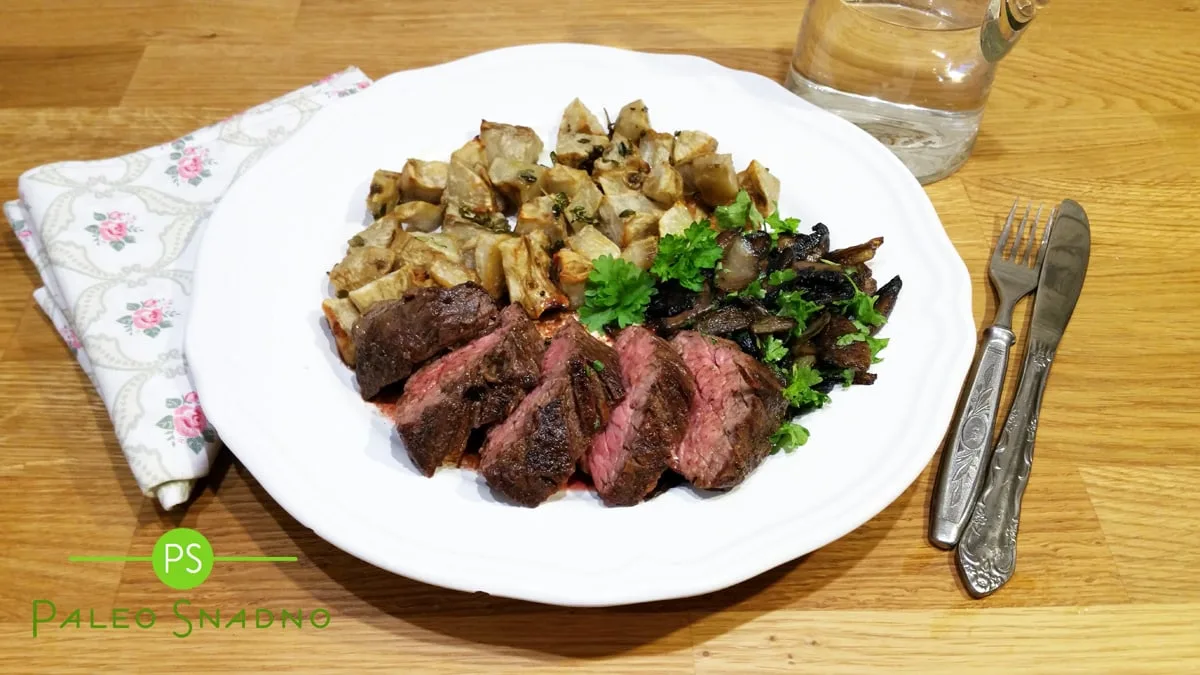 Skirt steak, pečené topinambury, restované portobello s cibulí